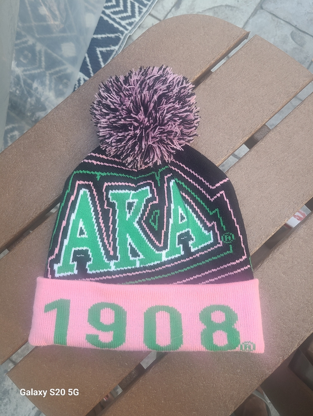 AKA Knit Pom Pom Beanie in Pink and Green